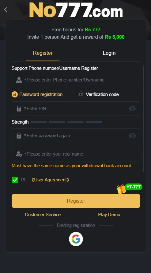 No777 Game Register